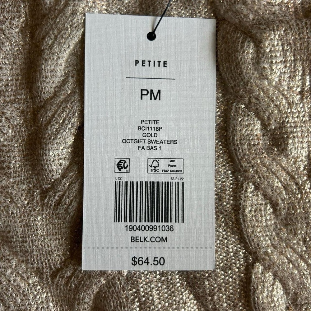 Crown & Ivy Cable Knit Gold Metallic Sweater - Size PM (Petite Medium) NWT - Picture 6 of 9